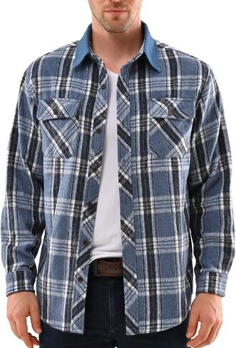 DEOLAX Mens Flannel Shirts Casual Button Down Mens Flannel Shirts Jacket Denim Collar Plaid Coat Long Sleeve Wiht Pocket in Saudi Arabia