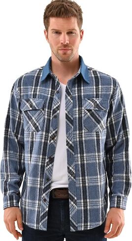 DEOLAX Mens Flannel Shirts Casual Button Down Mens Flannel Shirts Jacket Denim Collar Plaid Coat Long Sleeve Wiht Pocket in Saudi Arabia