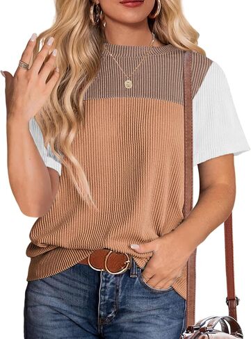 Zeagoo Womens Casual Color Block Tops Short Sleeve T Shirts Crewneck Knitted Spring Summer Loose Blouses Tops in Saudi Arabia