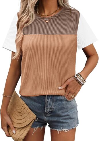 Zeagoo Womens Casual Color Block Tops Short Sleeve T Shirts Crewneck Knitted Spring Summer Loose Blouses Tops in Saudi Arabia