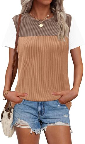 Zeagoo Womens Casual Color Block Tops Short Sleeve T Shirts Crewneck Knitted Spring Summer Loose Blouses Tops in Saudi Arabia