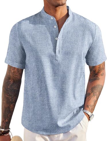 COOFANDY Men's Linen Henley Shirt Short Sleeve Casual Summer Beach Hippie T Shirts in Saudi Arabia