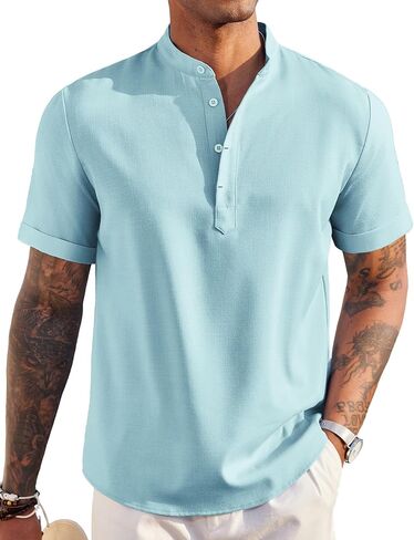 COOFANDY Men's Linen Henley Shirt Short Sleeve Casual Summer Beach Hippie T Shirts in Saudi Arabia