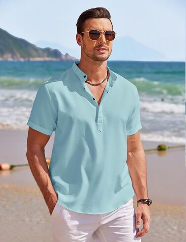 COOFANDY Men's Linen Henley Shirt Short Sleeve Casual Summer Beach Hippie T Shirts in Saudi Arabia