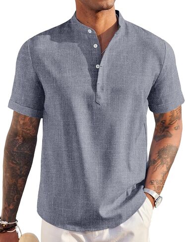 COOFANDY Men's Linen Henley Shirt Short Sleeve Casual Summer Beach Hippie T Shirts in Saudi Arabia