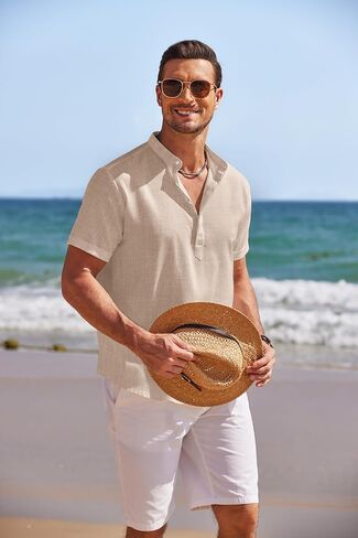 تي شيرت رجالي من الكتان من COOFANDY بأكمام قصيرة كاجوال للصيف والشاطئ هيبي in Saudi Arabia