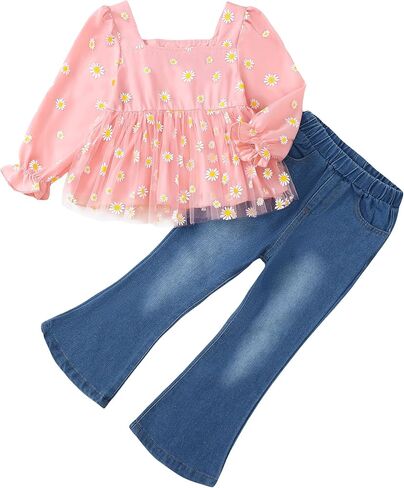Kids Toddler Girl Clothes Winter Outfits Shirt Top Bell Bottom Jeans Denim Pants Set Little Girl Fall Spring Clothing in Saudi Arabia