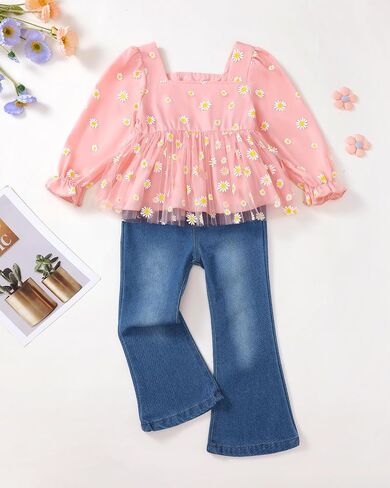 Kids Toddler Girl Clothes Winter Outfits Shirt Top Bell Bottom Jeans Denim Pants Set Little Girl Fall Spring Clothing in Saudi Arabia