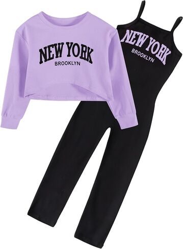 Girls Clothes Letter Print Round Sleeveless Jumpsuits Outfit Long Sleeve Front Tops Fall Winter 2Pcs in Saudi Arabia
