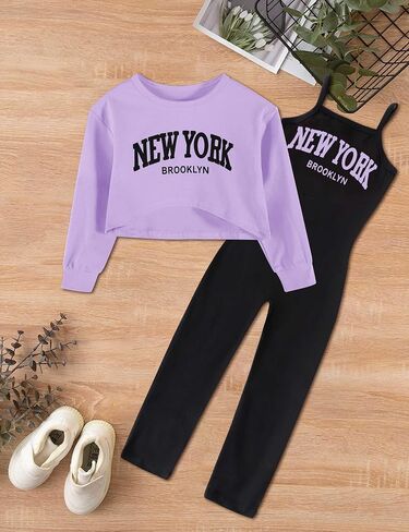 Girls Clothes Letter Print Round Sleeveless Jumpsuits Outfit Long Sleeve Front Tops Fall Winter 2Pcs in Saudi Arabia