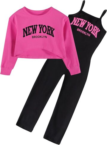 Girls Clothes Letter Print Round Sleeveless Jumpsuits Outfit Long Sleeve Front Tops Fall Winter 2Pcs in Saudi Arabia