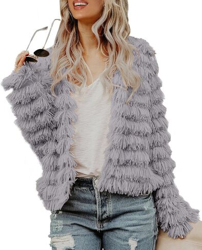 Womens Open Front Faux Fur Cardigan Vintage Parka Shaggy Jacket Coat in Kuwait