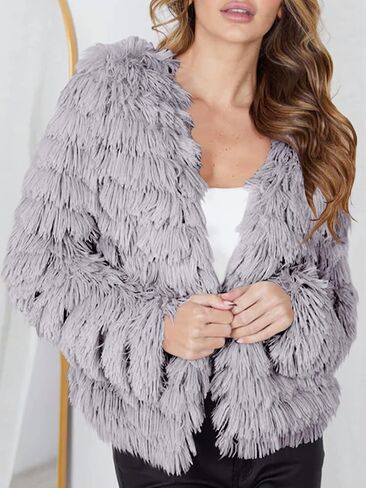 Womens Open Front Faux Fur Cardigan Vintage Parka Shaggy Jacket Coat in Kuwait