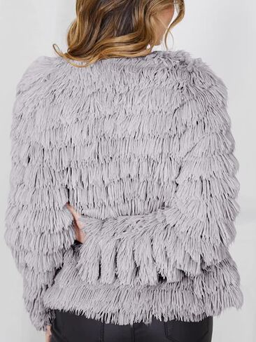 Womens Open Front Faux Fur Cardigan Vintage Parka Shaggy Jacket Coat in Kuwait