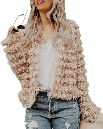 Womens Open Front Faux Fur Cardigan Vintage Parka Shaggy Jacket Coat in Kuwait