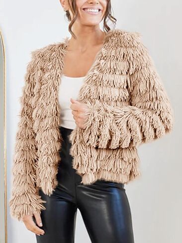 Womens Open Front Faux Fur Cardigan Vintage Parka Shaggy Jacket Coat in Kuwait