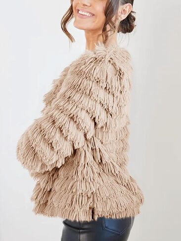 Womens Open Front Faux Fur Cardigan Vintage Parka Shaggy Jacket Coat in Kuwait