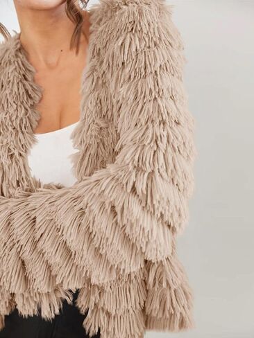 Womens Open Front Faux Fur Cardigan Vintage Parka Shaggy Jacket Coat in Kuwait