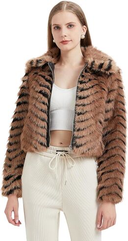 GRAN ORIENTE Women Faux Fur Leopard Print Cropped Jacket,Fleece Fluffy Leather Lined Zip Up Coat in Kuwait
