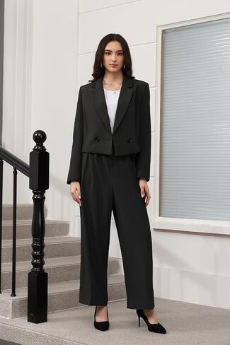 Lamgool Women's Suit 2 Piece Casual Outfits Cropped Blazer High Waisted Wide Leg Pants for Work in Saudi Arabia