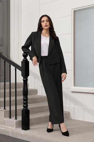 Lamgool Women's Suit 2 Piece Casual Outfits Cropped Blazer High Waisted Wide Leg Pants for Work in Saudi Arabia