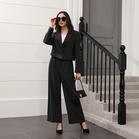 Lamgool Women's Suit 2 Piece Casual Outfits Cropped Blazer High Waisted Wide Leg Pants for Work in Saudi Arabia