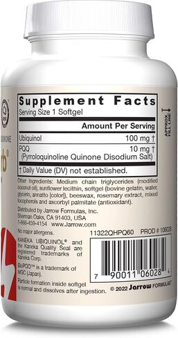 Jarrow Formulas QH-absor + PQQ، مكمل غذائي، دعم مضاد للأكسدة للتكوين الحيوي للميتوكوندريا، إنتاج الطاقة الخلوية وصحة القلب والأوعية الدموية، 60 كبسولة هلامية، كمية تكفي 60 يومًا in Kuwait