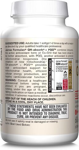 Jarrow Formulas QH-absor + PQQ، مكمل غذائي، دعم مضاد للأكسدة للتكوين الحيوي للميتوكوندريا، إنتاج الطاقة الخلوية وصحة القلب والأوعية الدموية، 60 كبسولة هلامية، كمية تكفي 60 يومًا in Kuwait