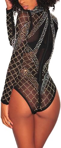 MAYFASEY Women's Sheer Mesh See Through Bodysuit Sexy Party Leotard Bodysuits Club Night Out Body Tops in Kuwait
