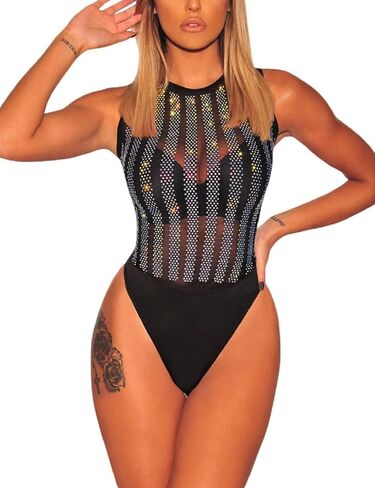 MAYFASEY Women's Sheer Mesh See Through Bodysuit Sexy Party Leotard Bodysuits Club Night Out Body Tops in Kuwait