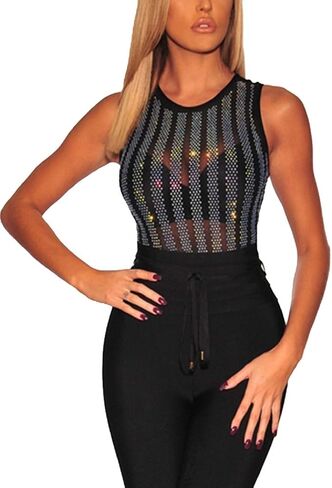 MAYFASEY Women's Sheer Mesh See Through Bodysuit Sexy Party Leotard Bodysuits Club Night Out Body Tops in Kuwait
