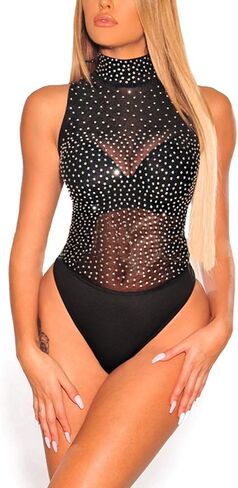 MAYFASEY Women's Sheer Mesh See Through Bodysuit Sexy Party Leotard Bodysuits Club Night Out Body Tops in Kuwait