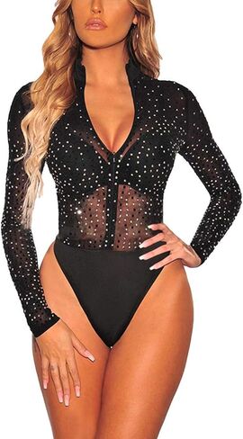 MAYFASEY Women's Sheer Mesh See Through Bodysuit Sexy Party Leotard Bodysuits Club Night Out Body Tops in Kuwait