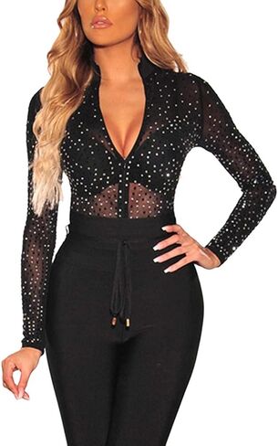 MAYFASEY Women's Sheer Mesh See Through Bodysuit Sexy Party Leotard Bodysuits Club Night Out Body Tops in Kuwait