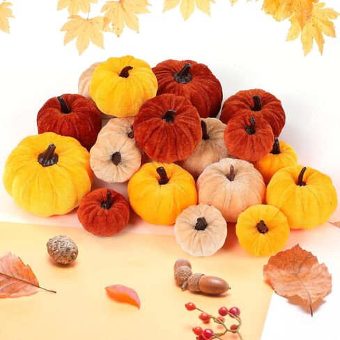 18Pcs Fall Velvet Pumpkin Harvest Decoration Assorted Faux Orange Brown Yellow Small Fabric Foam Pumpkin for Autumn Thanksgiving Farmhouse Table Centerpiece Halloween Mantel Party Favor in Kuwait