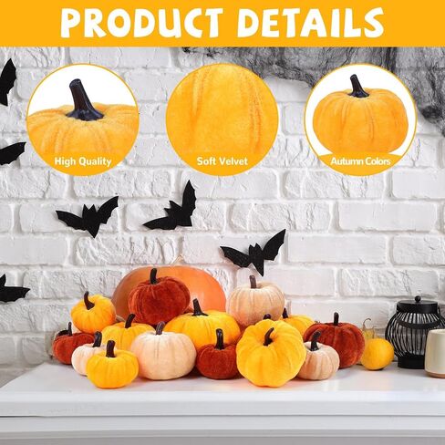 18Pcs Fall Velvet Pumpkin Harvest Decoration Assorted Faux Orange Brown Yellow Small Fabric Foam Pumpkin for Autumn Thanksgiving Farmhouse Table Centerpiece Halloween Mantel Party Favor in Kuwait