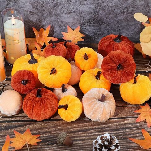 18Pcs Fall Velvet Pumpkin Harvest Decoration Assorted Faux Orange Brown Yellow Small Fabric Foam Pumpkin for Autumn Thanksgiving Farmhouse Table Centerpiece Halloween Mantel Party Favor in Kuwait