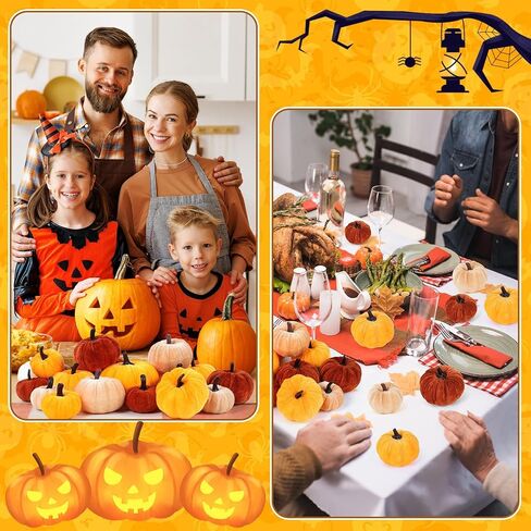 18Pcs Fall Velvet Pumpkin Harvest Decoration Assorted Faux Orange Brown Yellow Small Fabric Foam Pumpkin for Autumn Thanksgiving Farmhouse Table Centerpiece Halloween Mantel Party Favor in Kuwait