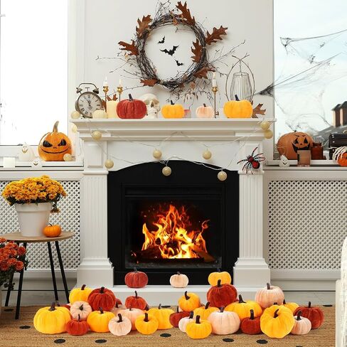18Pcs Fall Velvet Pumpkin Harvest Decoration Assorted Faux Orange Brown Yellow Small Fabric Foam Pumpkin for Autumn Thanksgiving Farmhouse Table Centerpiece Halloween Mantel Party Favor in Kuwait
