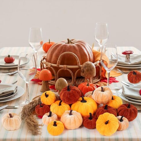 18Pcs Fall Velvet Pumpkin Harvest Decoration Assorted Faux Orange Brown Yellow Small Fabric Foam Pumpkin for Autumn Thanksgiving Farmhouse Table Centerpiece Halloween Mantel Party Favor in Kuwait