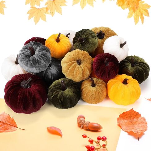 18Pcs Fall Velvet Pumpkin Harvest Decoration Assorted Faux Orange Brown Yellow Small Fabric Foam Pumpkin for Autumn Thanksgiving Farmhouse Table Centerpiece Halloween Mantel Party Favor in Kuwait
