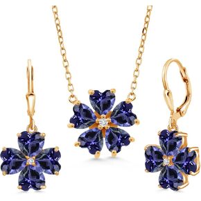 Gem Stone King 18K Yellow Gold Plated Silver Blue Iolite and White Lab Grown Diamond Pendant Necklace Earrings Jewelry Set For Women (7.59 Cttw, Heart Shape 6MM, with 18 Inch Chain)