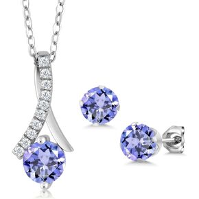 Gem Stone King 1.97 Cttw Blue Tanzanite Pendant and Earrings Jewelry Set For Women | 925 Sterling Silver | Gemstone Birthstone | Round 6MM | With 18 Inch Silver Chain