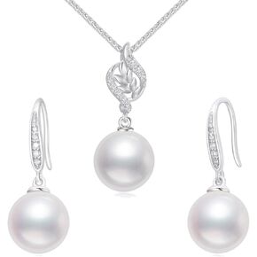 14k White Gold Diamond Pearl Jewelry Necklace and Earrings Set for Women