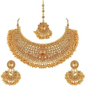 Efulgenz Indian Jewelry Sets for Women Gold Tone Indian Bridal Jewelry Bollywood Traditional Crystal Faux Pearl Wedding Choker Necklace Earrings Maang Tikka Indian Wedding Jewelry