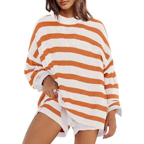 Panadila Womens Striped Sweater Set Oversized Lounge Sets Matching Pajamas Long Sleeve Sweater Top and Shorts (Yellow White,S), Small