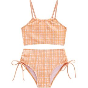 LIZENS Girls Two-Pieces Plaid Swimwear Spaghetti 2-12Years Tie Side Beach Bathing Swimsuit Bikini Sets