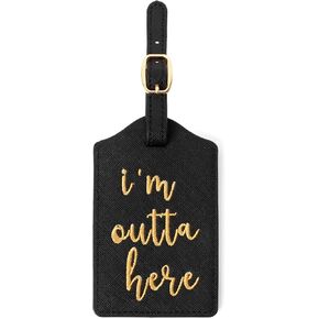 علامة الأمتعة الجلدية المطرزة I'm Outta Here، ملحقات السفر، بطاقة حقيبة مع خياطة ذهبية، مثالية للمغامرين والمسافرين الدائمين (ذهبي أسود) in Kuwait