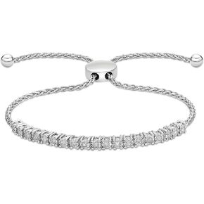 .925 Sterling Silver & 1/4 Cttw Diamond Miracle Set Links Wheat Chain Adjustable Bolo Bracelet - 6"-9-3/5" (I-J Color, I2-I3 Clarity)