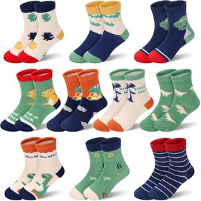 Padgene 10 Pairs Kids Boys Fun Novelty Socks Toddler None Slip Cotton Crew Dress Socks Cartoon Dinosaur Car Shark Stripes